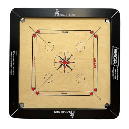 Knight Shot – Siscaa Champion Fighter Carrom Board 35×35 | 20mm English Birch Ply In Black with Coin Set