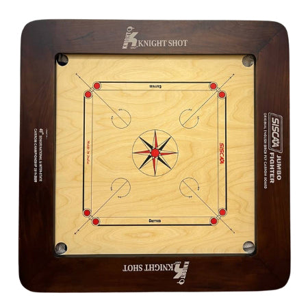 Knight Shot – Siscaa Jumbo Fighter Carrom Board 39×39 | 24mm English Birch Ply In Natural Brown with Coin Set