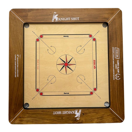 Knight Shot – Siscaa Jumbo Sure Slam Carrom Board 39×39 | 24mm English Birch Ply In Yellow Wood with Coin Set