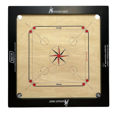 Knight Shot – Siscaa Tournament Carrom Board 35×35 | 12mm Indian Ply In Black with Coin Set