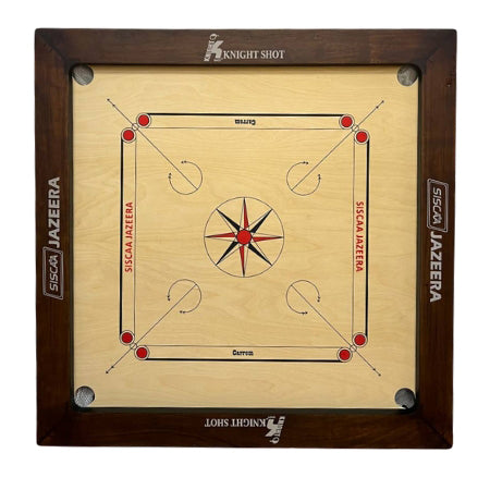 Knight Shot – Siscaa Jazeera Carrom Board 35×35 | 20mm Birch Ply In Natural Brown with Coin Set