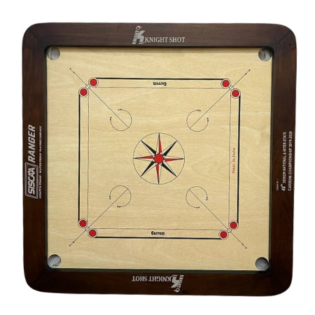 Knight Shot – Siscaa Ranger Carrom Board 35×35 | 8mm Indian Ply In Natural Brown with Coin Set