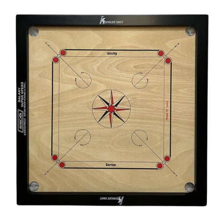 Knight Shot – Siscaa Galaxy Carrom Board 33×33 | 6mm Indian Ply In Black with Coin Set