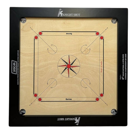 Knight Shot – Siscaa Tournament Carrom Board 35×35| 8mm Indian Ply In Black with Coin Set