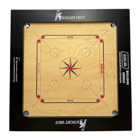 Knight Shot – Siscaa Bulldog Genius Carrom Board 37×37 | 20mm Birch Ply In Black with Coin Set