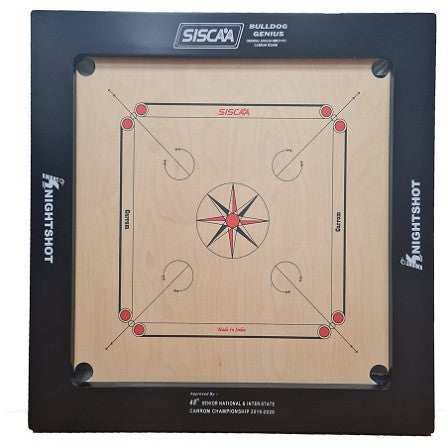 Knight Shot - Siscaa Bulldog Genius Carrom Board 37x37 | 20mm Birch Ply In Black with Coin Set