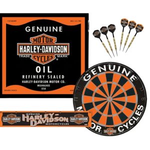 Dart World Harley-Davidson Oil Can Dartboard & Cabinet Set with 6 Darts