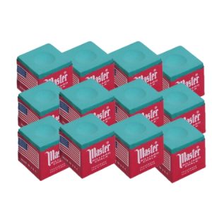 Master Billiard Chalk – 12-Piece Box - Multiple Colors (Red, Gold, Blue, Green, Spruce)