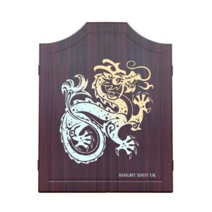 Knight Shot Wooden Dartboard Cabinet – Mahogany Finish with Dragon Design