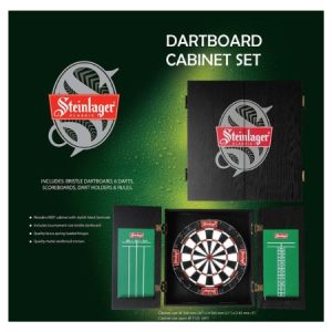 Shot Darts Steinlager Dartboard & Cabinet Set with 6 Darts